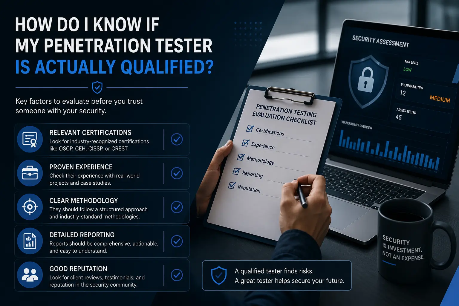 op-down office desk infographic highlighting checklist for a professional penetration testing service.